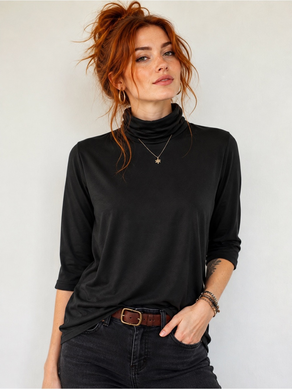 Stretch Is Comfort Black 3/4 Sleeve Turtleneck Top 3X USA Made